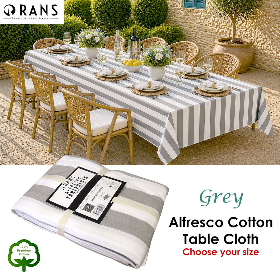 Rans Grey Alfresco Stripes Cotton Tablecloth - Choose from 2 sizes 150cm x 300cm