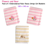 Living Home for Baby Girls Flowers and Bear Pack of 3 Embroidered Polar fleece Stripe Cot Blankets 100 x 140cm