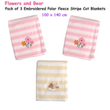 Living Home for Baby Girls Flowers and Bear Pack of 3 Embroidered Polar fleece Stripe Cot Blankets 100 x 140cm - Front View