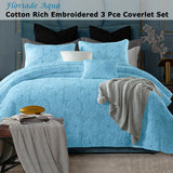 Cotton Rich Lightly Quilted Coverlet Set Floriade Aqua Queen - Front View