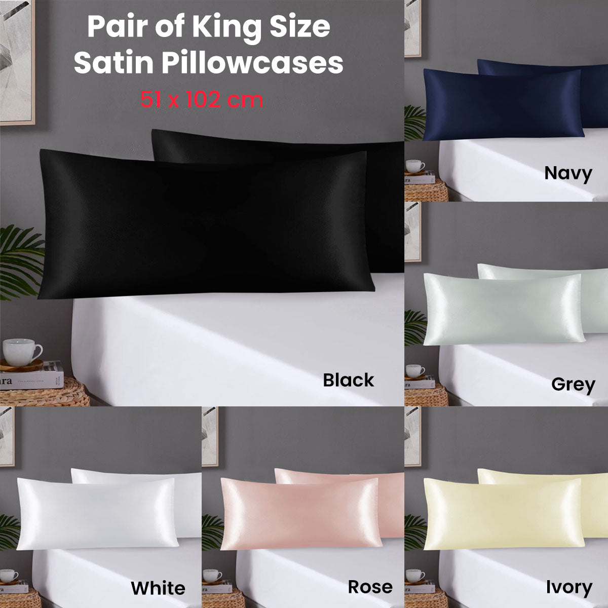 Pair of King Satin Silk Pillowcases with Envelope Closure 51 x 102 cm Black