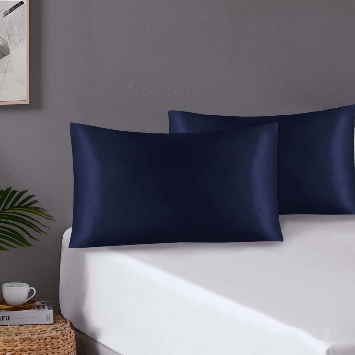 Pair of Standard Satin Silk Pillowcases with Envelope Closure 51 x 76 cm Navy