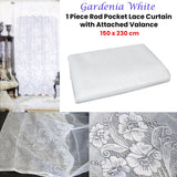Gardenia White One Piece Rod Pocket Lace Curtain with Attached Valance - Front View