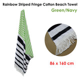 Onkaparinga Rainbow Striped Fringe Cotton Beach Towel Green/Navy - Front View