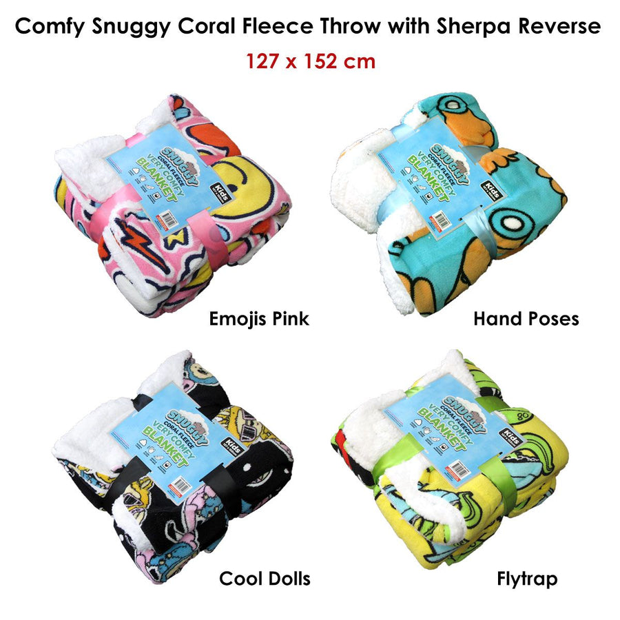 Snuggle Coral Fleece Throw with Sherpa Reverse 127 x 152 cm Hand Poses Teal