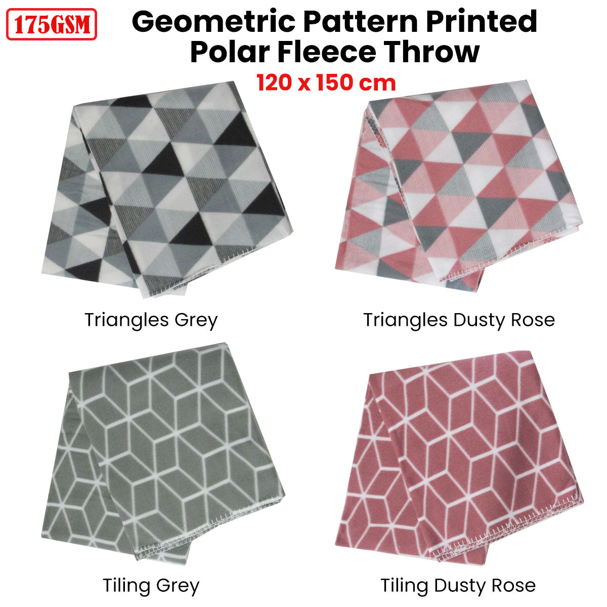 Tiling 175GSM Geometric Pattern Printed Polar Fleece Throw Rug 120 x 150cm Grey