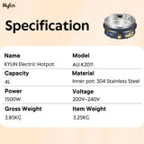 Kylin Electric 1500W Hotpot with Stainless Steel Inner Pot 4L AU-K2011 - Rear View