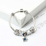 Women Silver Plated Bracelet Snake Chain with Classic Bead Barrel Clasp and Blue Star Pendant(20cm) - Front View