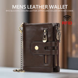 Men's Genuine Leather Wallet RFID Blocking Retro Bifold Zipper Card Holder with Key Chain - Front View