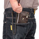 Men's Genuine Leather Wallet RFID Blocking Retro Bifold Zipper Card Holder with Key Chain - 45-Degree Angle