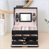 Jewellery Box With Mirror Double Drawers Organizer Storage Lock Case(White) - Front View