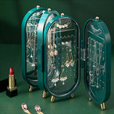 Jewellery Storage Box Earrings Display Necklace Organizer 4 Doors Foldable Screen (Green) - Front View