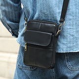 Genuine leather men's crossbody bag oiled wax leather Satchel Crossbody Bag (Black) - Side View