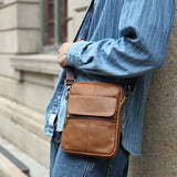 Genuine leather men's crossbody bag oiled wax leather Satchel Crossbody Bag (Brown) - Front View