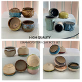 4/5/6 Pots Set Ceramic Clay Pottery Pots Succulent Flower Planter Draining Hole(Style 06# 6 Pots Set)