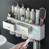 Toothbrush Holders with 3-4 Cups Automatic Toothpaste Dispenser Kit(4 Cups 2 Drawer) - Side View
