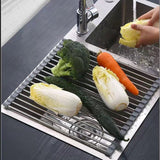 Kitchen Roll-Up Dish Drying Rack Foldable Drainer Over Sink 304-Stainless Steel(Medium:47*30cm) - Front View
