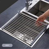 Kitchen Roll-Up Dish Drying Rack Foldable Drainer Over Sink 304-Stainless Steel(Large:47*37cm) - Side View