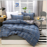 Blue Plaid Pattern Aloe Cotton Flat Sheet Quilt Cover Pillowcases 4pcs Bedding Set Duvet Doona Quilt Cover Set (Double) - Side View