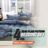 Blue Plaid Pattern Aloe Cotton Flat Sheet Quilt Cover Pillowcases 4pcs Bedding Set Duvet Doona Quilt Cover Set (Queen) - Front View