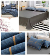 Blue Plaid Pattern Aloe Cotton Flat Sheet Quilt Cover Pillowcases 4pcs Bedding Set Duvet Doona Quilt Cover Set (King) - Close-Up Angle