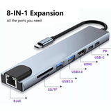 8in1 Hub USB-C To Type-C USB 3.0 4K HDMI RJ45 Ethernet SD TF OTG PD Port Adapter - Front View