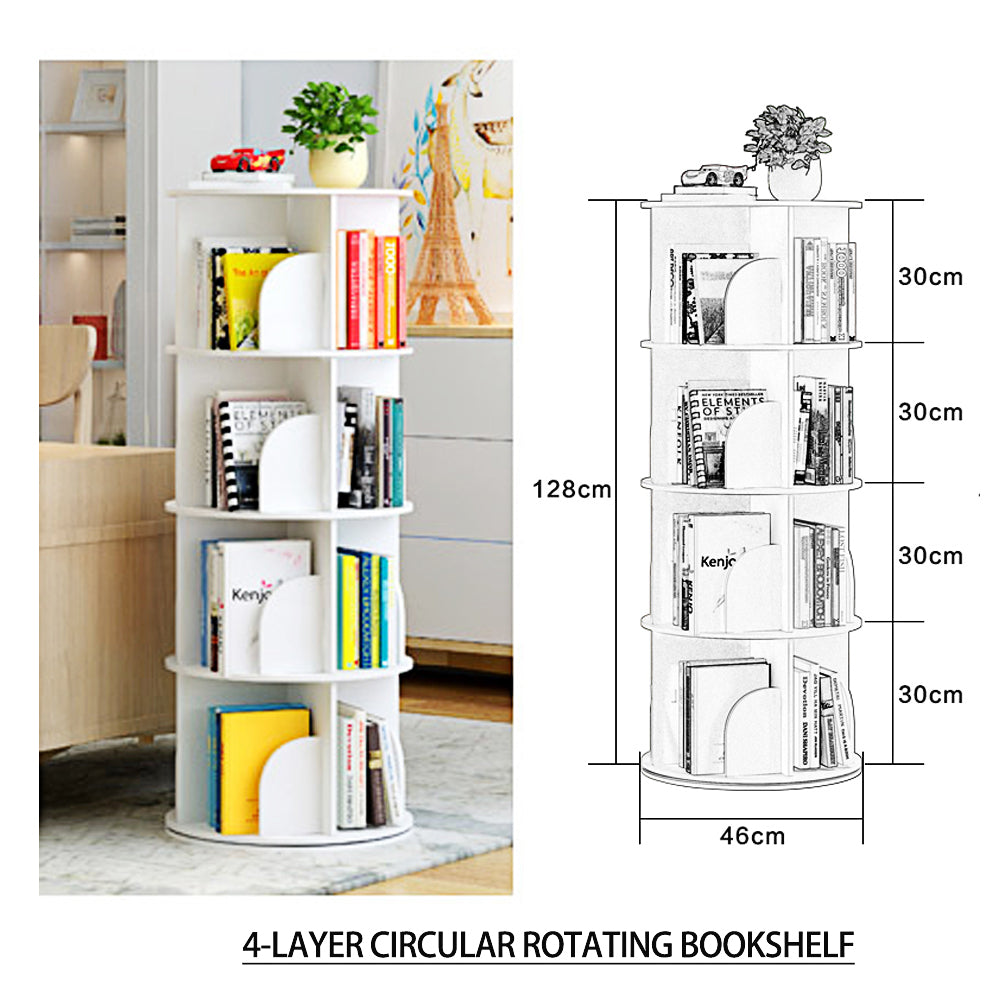 White Wooden Circular 360?Rotating Bookshelf Display Storage Stand(4 Layers)