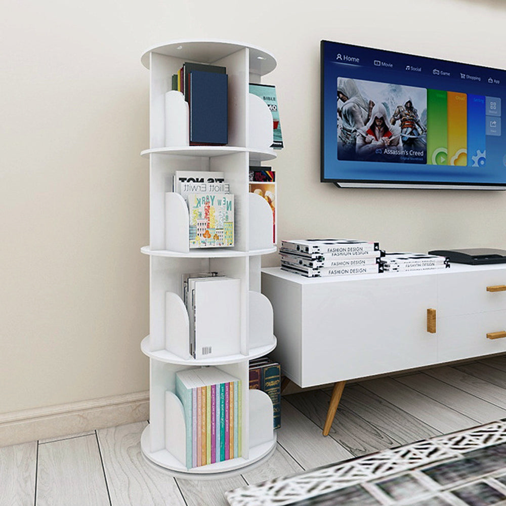 White Wooden Circular 360?Rotating Bookshelf Display Storage Stand(4 Layers)