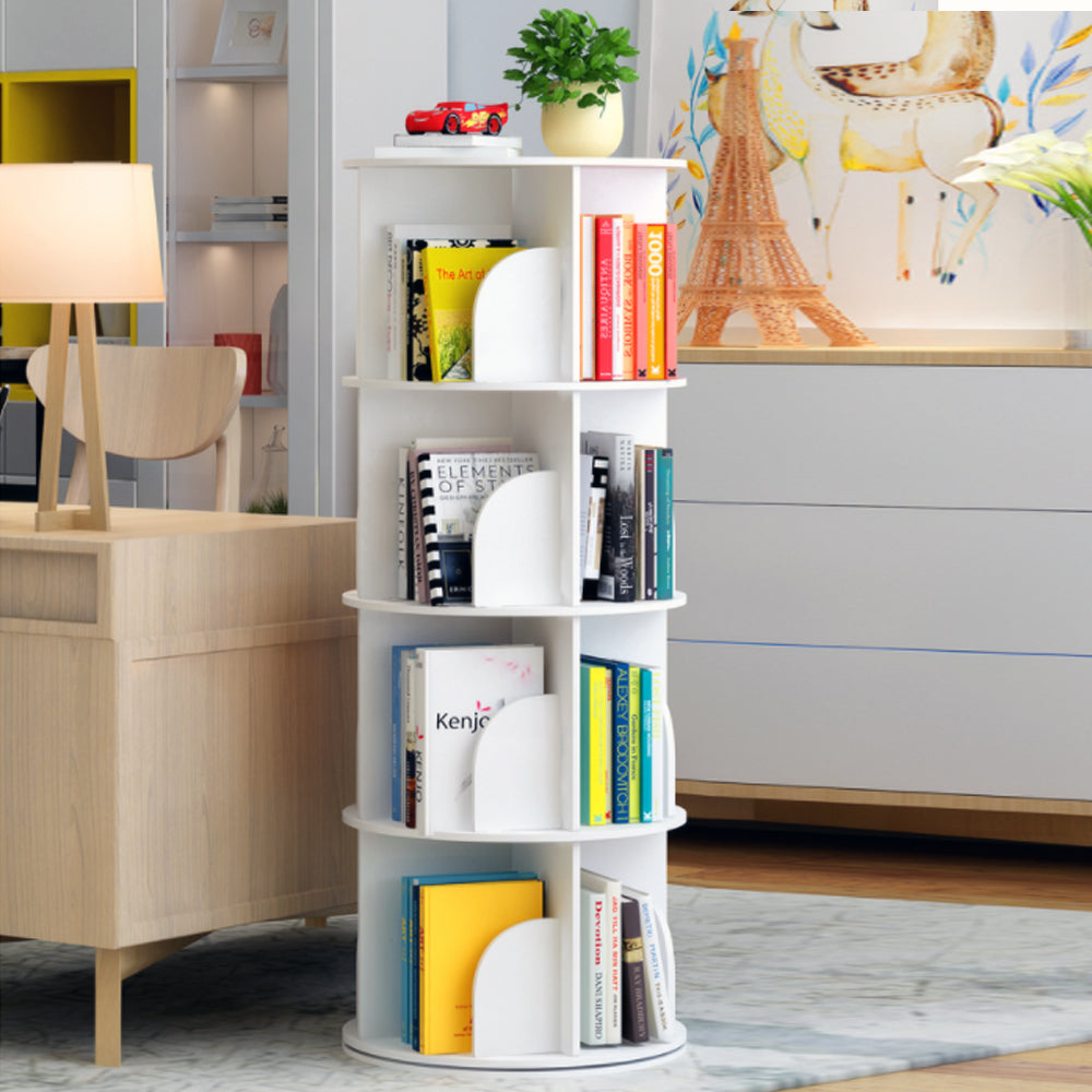 White Wooden Circular 360?Rotating Bookshelf Display Storage Stand(4 Layers)