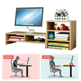 Wooden Desk Monitor Riser Stand With 3Tier Storage Shelves Desktop Bookshelf(Walnut Wood(Style 02)) - Side View
