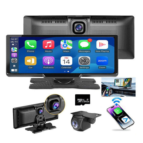 10.26 Wireless Apple Android Carplay Dual Dash Cam Front Rear Camera with 64G Card