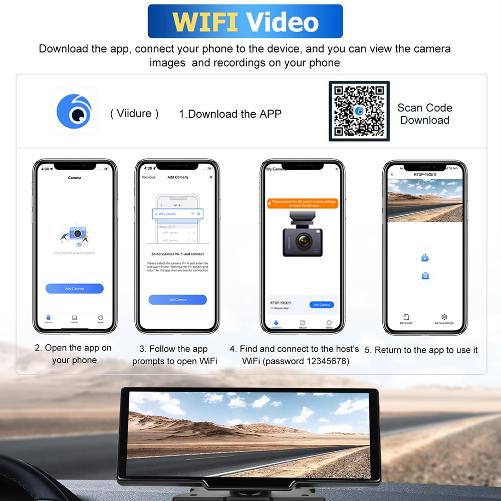 10.26 Wireless Apple Android Carplay Dual Dash Cam Front Rear Camera with 64G Card