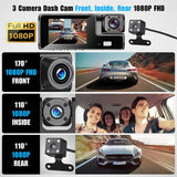 WIFI 3 Channels Dash Cam 1080P Full HD Car Dashcam with Hardwire Kit and 32GB Card - Front View