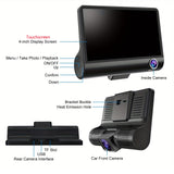 Front and Rear Triple Lens Dash Cam 1080P HD 4-inch touch screen wide-angle lens - Close-Up Angle