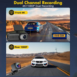 4K Front and Rear Dual Dash Cam WiFi GPS Car Camera with 64GB SD Card - Front View