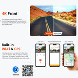 4K+2.5K Dual Dash Cam with WiFi GPS ADAS, Front and Rear Car Camera Recorder with 32GB Card