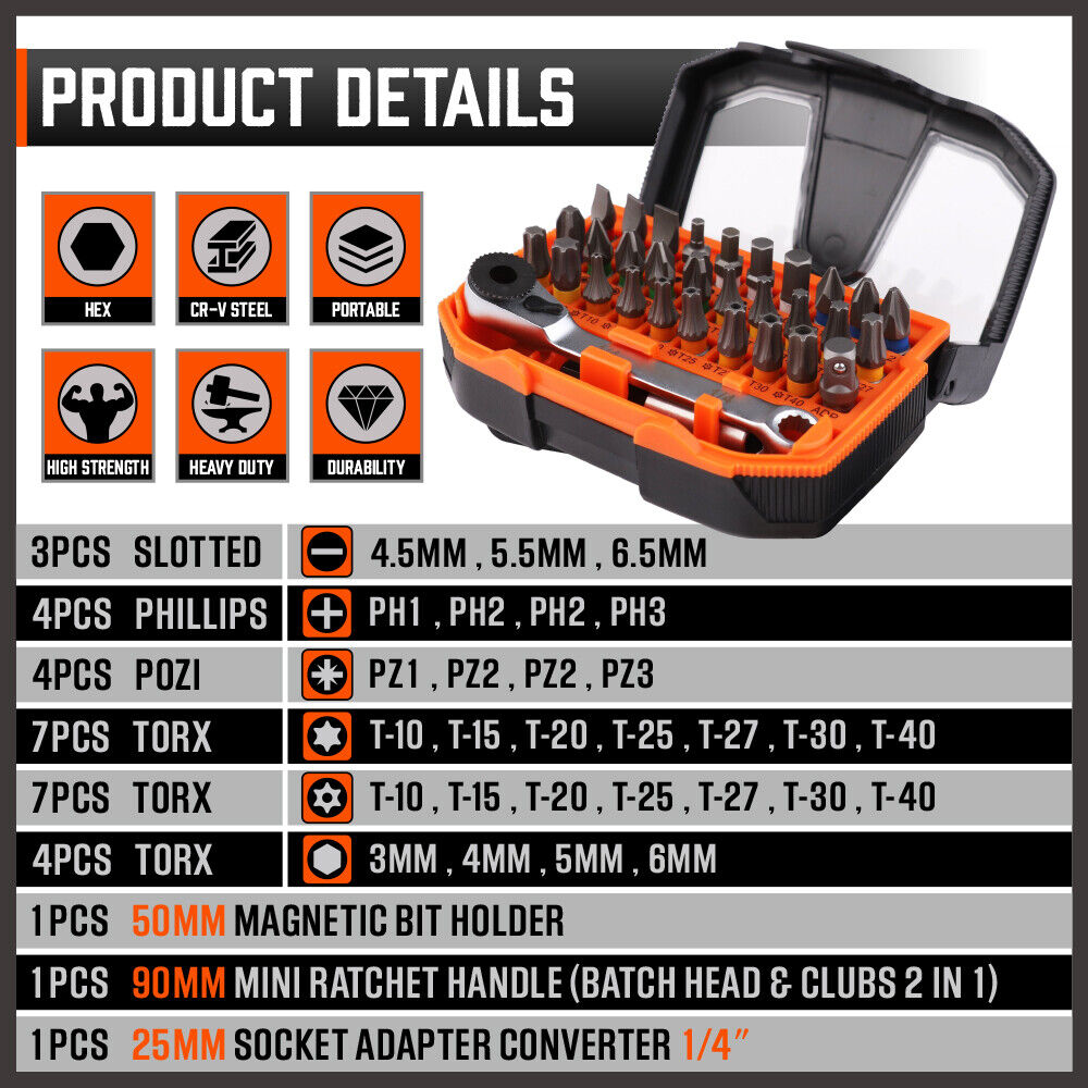 32Piece 1/4 Mini Double Head Screwdriver Bit and Ratchet Set CRV Steel Durable