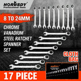 17Pc Ratchet Spanner Set Metric Combination Wrenches Open End Ring CR-V 8-24mm - Front View