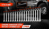 17Pc Ratchet Spanner Set Metric Combination Wrenches Open End Ring CR-V 8-24mm - Side View