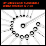 17Pc Ratchet Spanner Set Metric Combination Wrenches Open End Ring CR-V 8-24mm - 45-Degree Angle