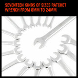 17Pc Ratchet Spanner Set Metric Combination Wrenches Open End Ring CR-V 8-24mm - Rear View