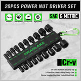 20-Piece Swanlake Impact Drill Nut Driver Set - SAE & Metric Chrome Vanadium Steel Tools - Top-Down View