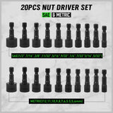 20-Piece Swanlake Impact Drill Nut Driver Set - SAE & Metric Chrome Vanadium Steel Tools - 45-Degree Angle