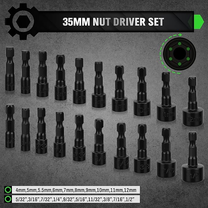 SWANLAKE SWANLAKE 39PCS Magnetic Hex Nut Driver Master Kit,1/4 Quick-Change Hex Shank, SAE & Metric Power Nuts Driver Drill Bit Tools Set,Cr-V Steel