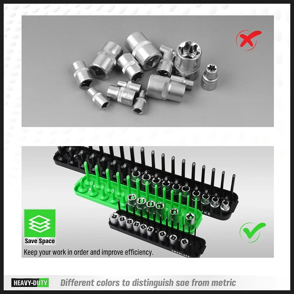 SWANLAKE 6PCS Socket Holder Tray Rack – Metric & SAE, 1/4" 3/8" 1/2" Drive