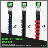 SWANLAKE Organizer Socket Holder, 9PCS 1/4-Inch x 48 Clips, 3/8-Inch x 45 Clips, 1/2-Inch x 36 Clips, Premium Quality Socket Clip Rail Holder (9PC) - Front View