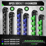 SWANLAKE 6-Piece Swivel Socket Organiser Set, 1/4-Inch x 26 Clips, 3/8-Inch x 26 Clips, 1/2-Inch x 22 Clips, Premium Quality Socket Storage Holders - Front View