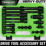 SWANLAKE 18Pcs Drive Tool Accessory Set Extension Bars Impact Universal Joint - Front View
