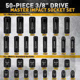 ELEAD 50Pcs 3/8'' Drive Impact Socket Set Deep Socket Metric Ratchet Adapter - Front View