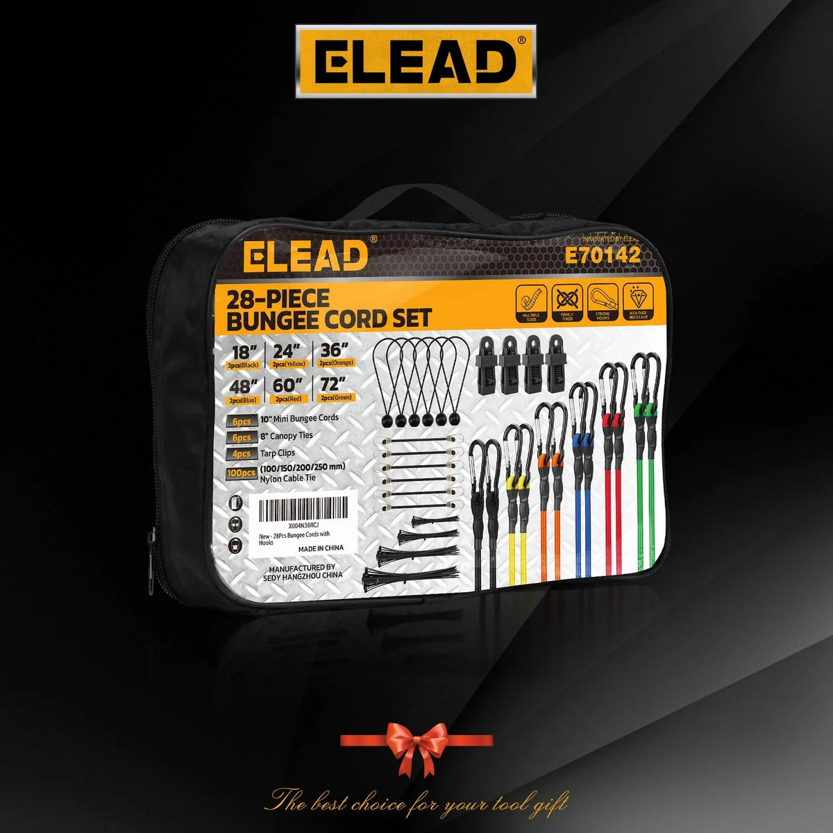 ELEAD 28PCS Bungee Cord Set Carabiner Hooks Assorted Sizes Heavy Duty Tie Down